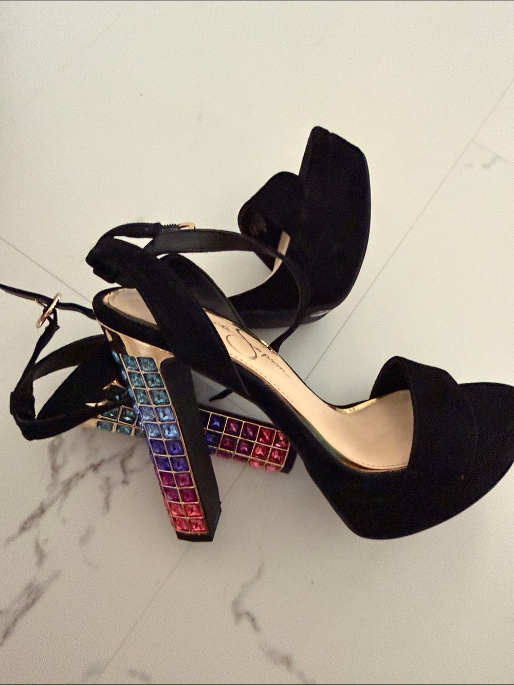 Black Suede Platform heels with Multicolor Gem Block Heel - Picture 4 of 6